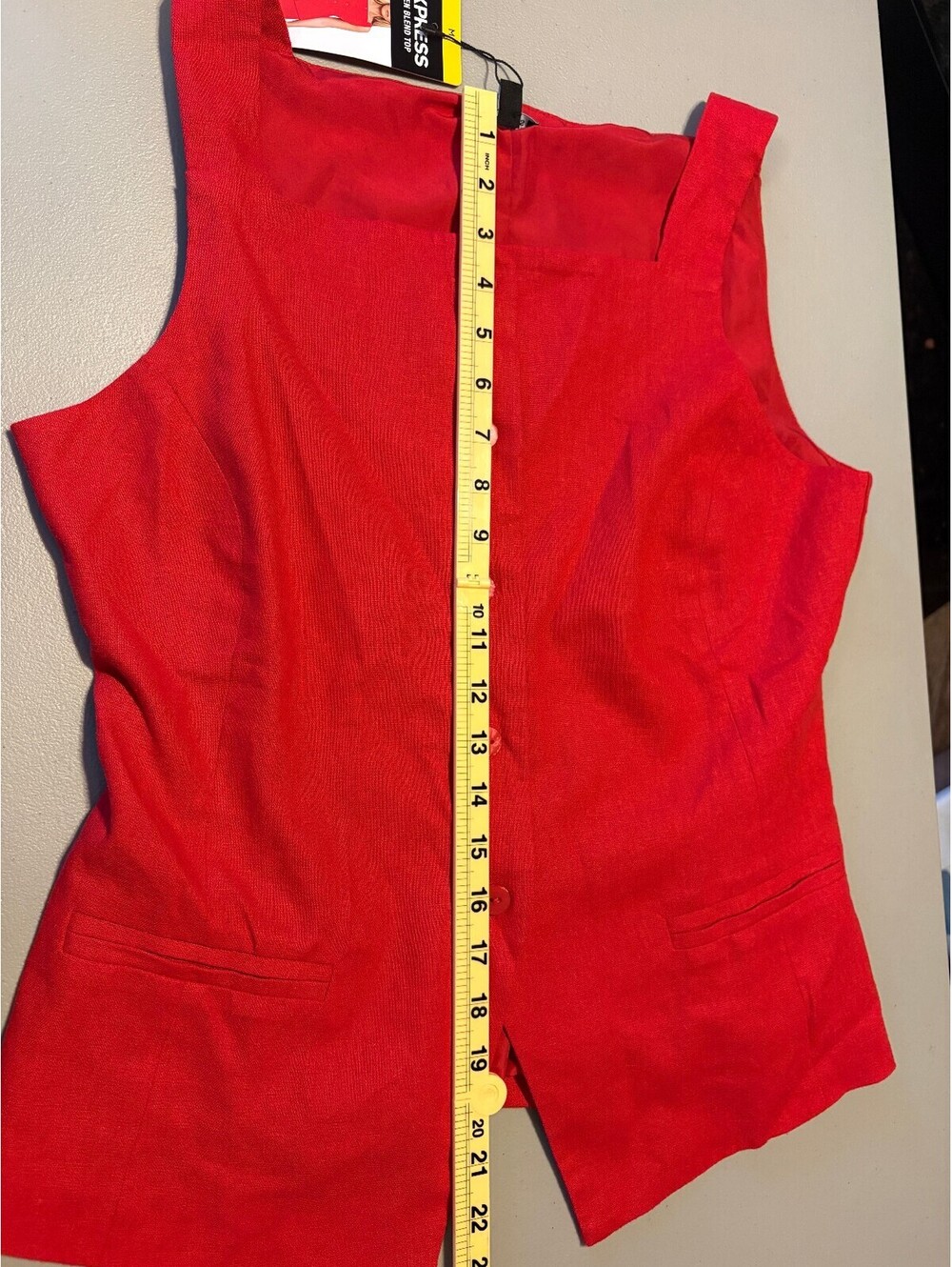 Express Red Linen Blend Button-Front Top, Size M - Picture 7 of 11